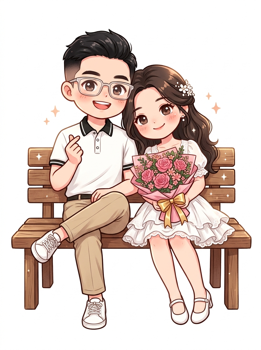 Hoài Phước & Diệu Hồng ngồi ghế gỗ